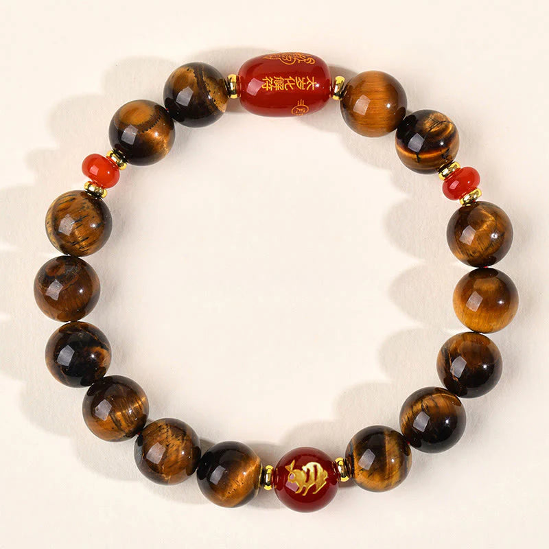 Buddha Stones 12 Chinese Zodiac Natural Tiger Eye Red Agate Protection Bracelet