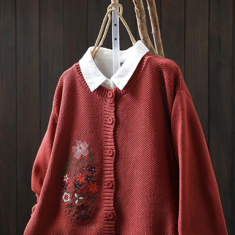 Buddha Stones Floral Embroidery Buttons Cotton Women's Long Sleeve Knitted Cardigan Sweater