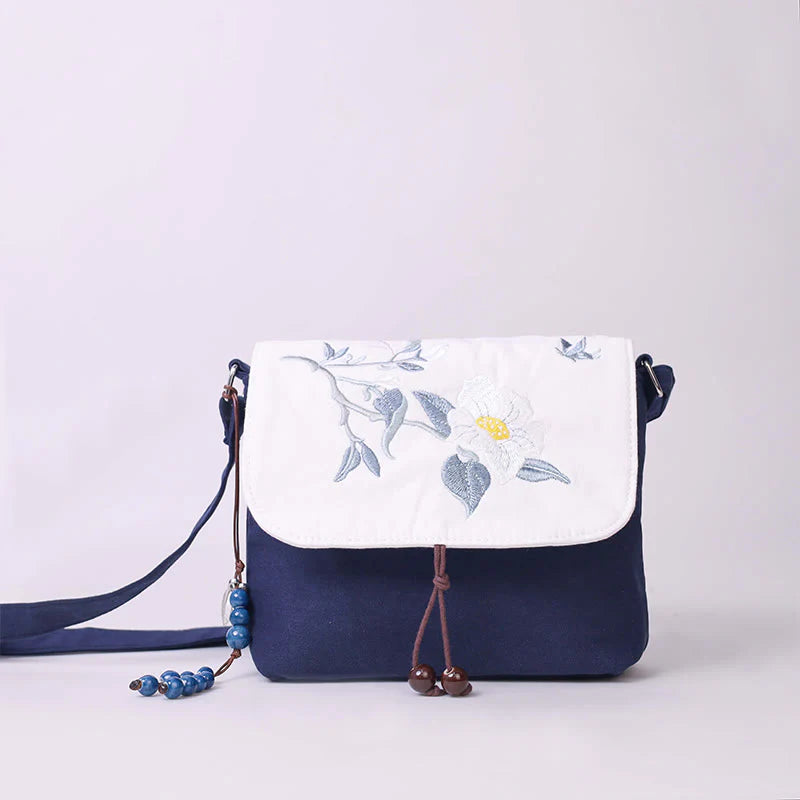 Buddha Stones Embroidered Camellia Epiphyllum Gardenia Sakura Flowers Crossbody Bag Shoulder Bag Cellphone Bag