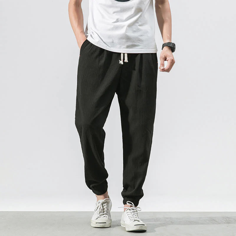 Buddha Stones Simple Drawstring Design Linen Men's Pants With Pockets