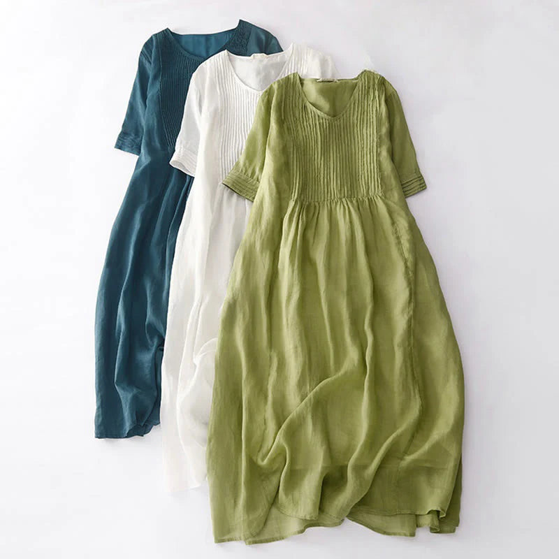 Buddha Stones Casual Accordion Pleat Plain V-neck Short Sleeve Cotton Midi Dress With Pockets