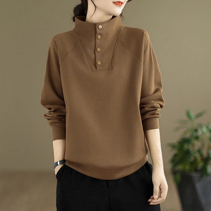 Buddha Stones Fall Solid Stand Collar Buttons Design Long Sleeve Women's Cotton Sweatshirt