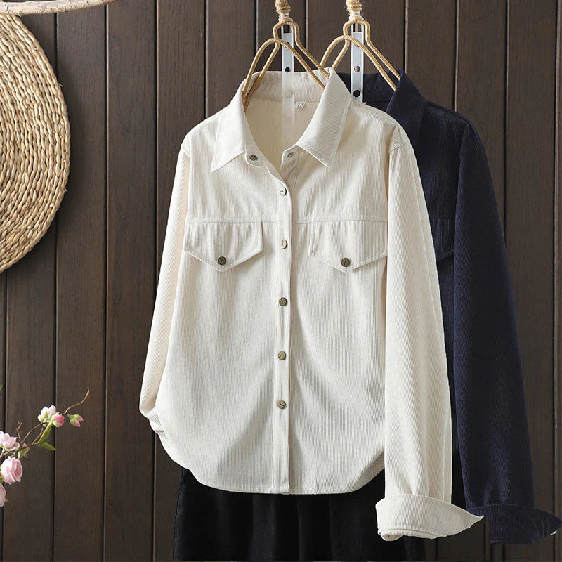 Buddha Stones Commute Plain Buttons Cotton Corduroy Women's Long Sleeve Shirt