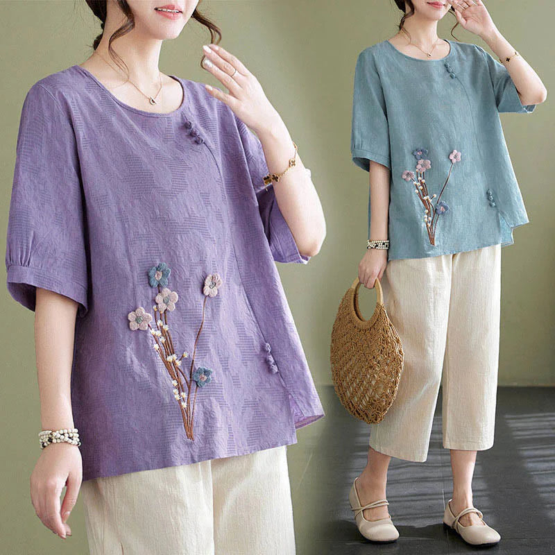 Buddha Stones Three-dimensional Flowers Design Crew Neck Short Sleeve Cotton Women's Shirt