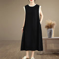Buddha Stones Pure Color Slit Design Sleeveless Cotton Midi Dress With Pockets
