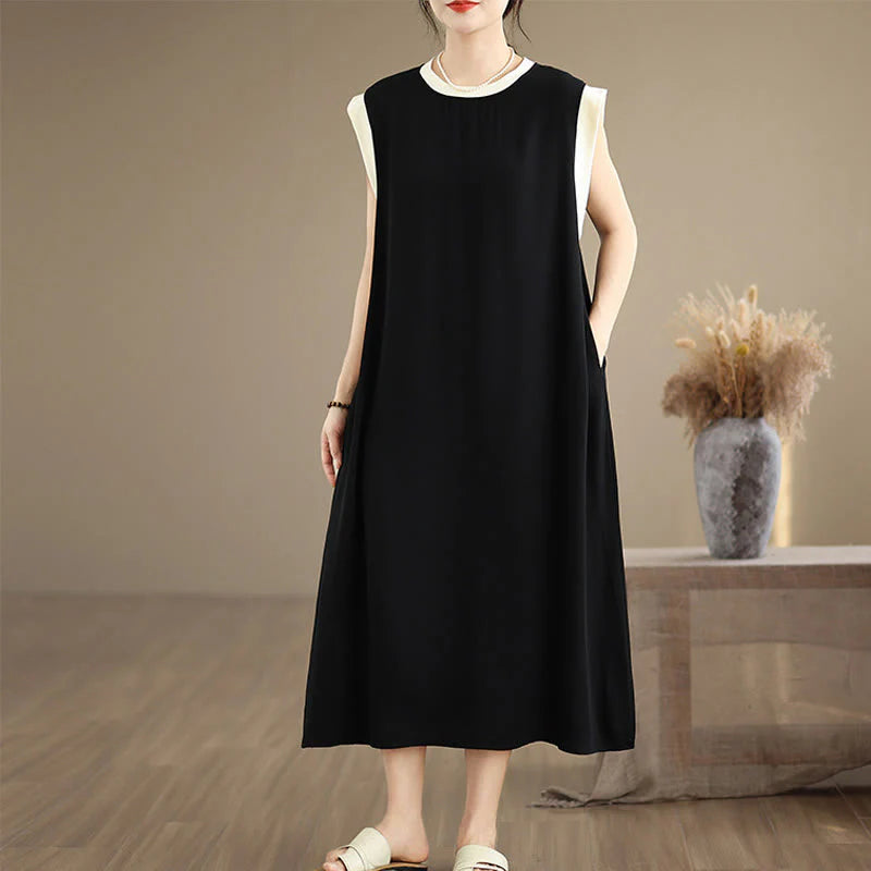Buddha Stones Pure Color Slit Design Sleeveless Cotton Midi Dress With Pockets