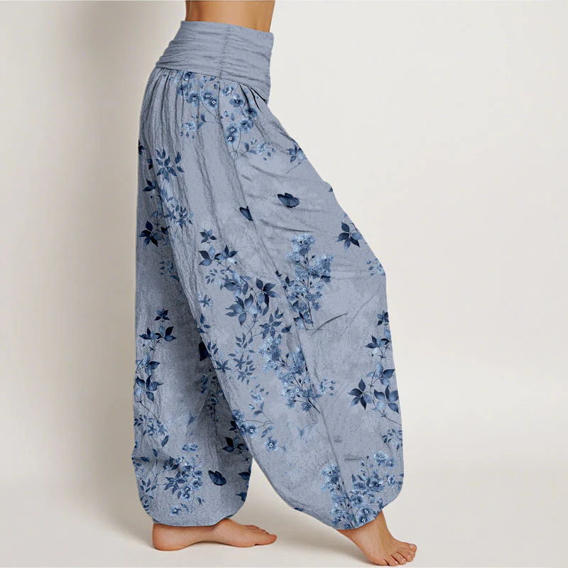 Buddha Stones Cotton Hazy Flower Leaf Pattern Women's Elastic Waist Harem Pants