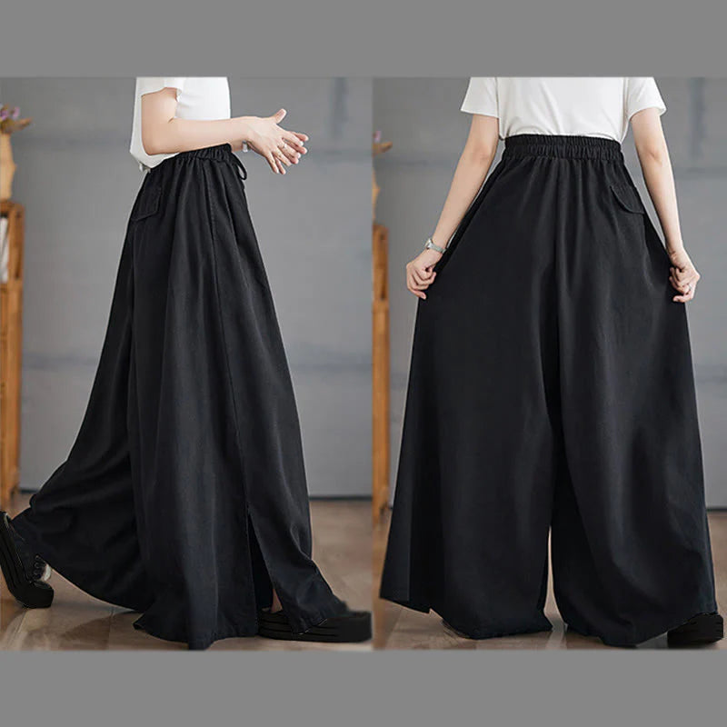 Buddha Stones Retro Leg Opening Slit Design Women's Wide Leg Pants With Pockets