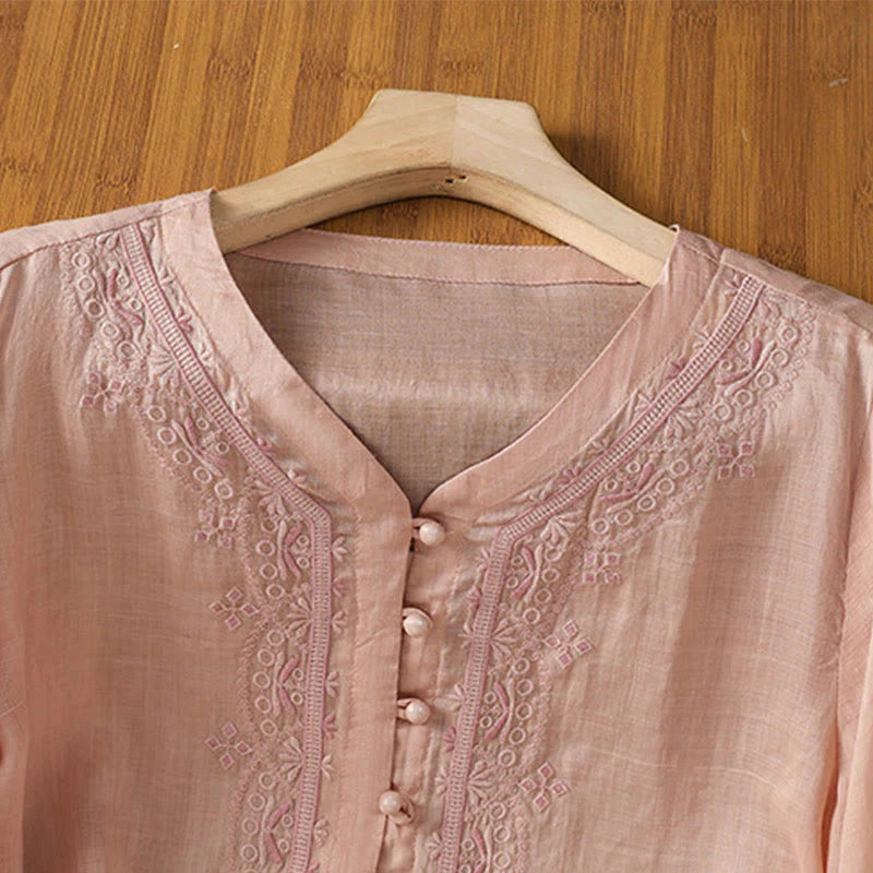 Buddha Stones Casual Embroidery Frog-Button Polyester Half Sleeve Women's V-neck Shirt