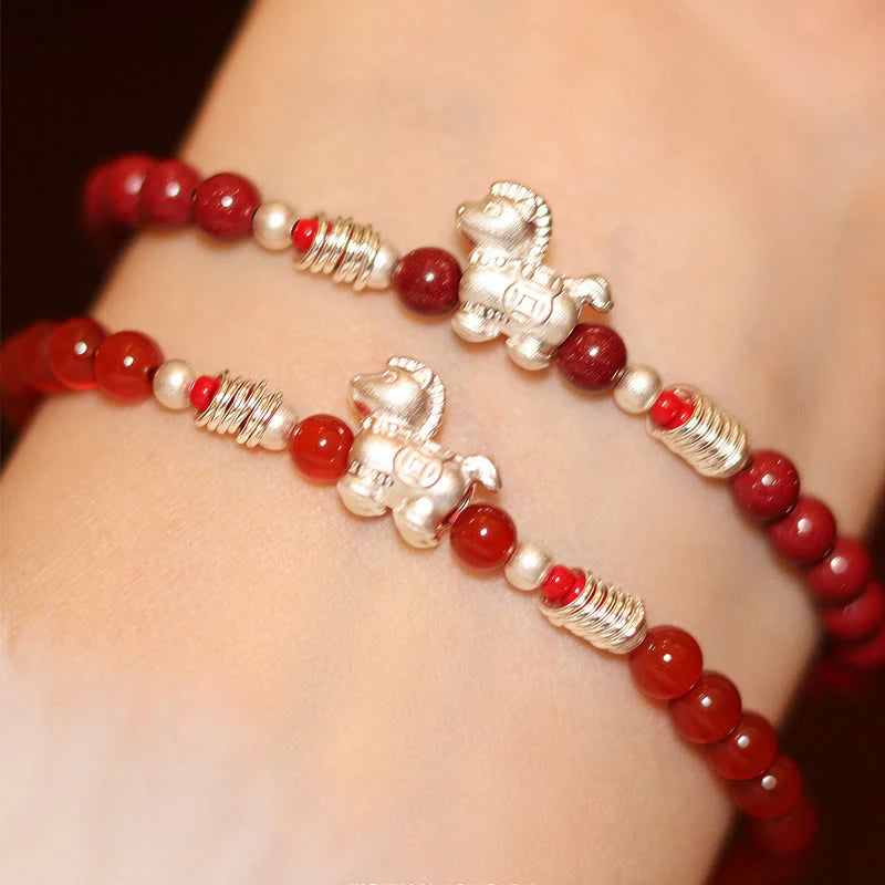 Buddha Stones Year Of The Horse Red Agate 999 Sterling Silver Cinnabar Calm Bracelet