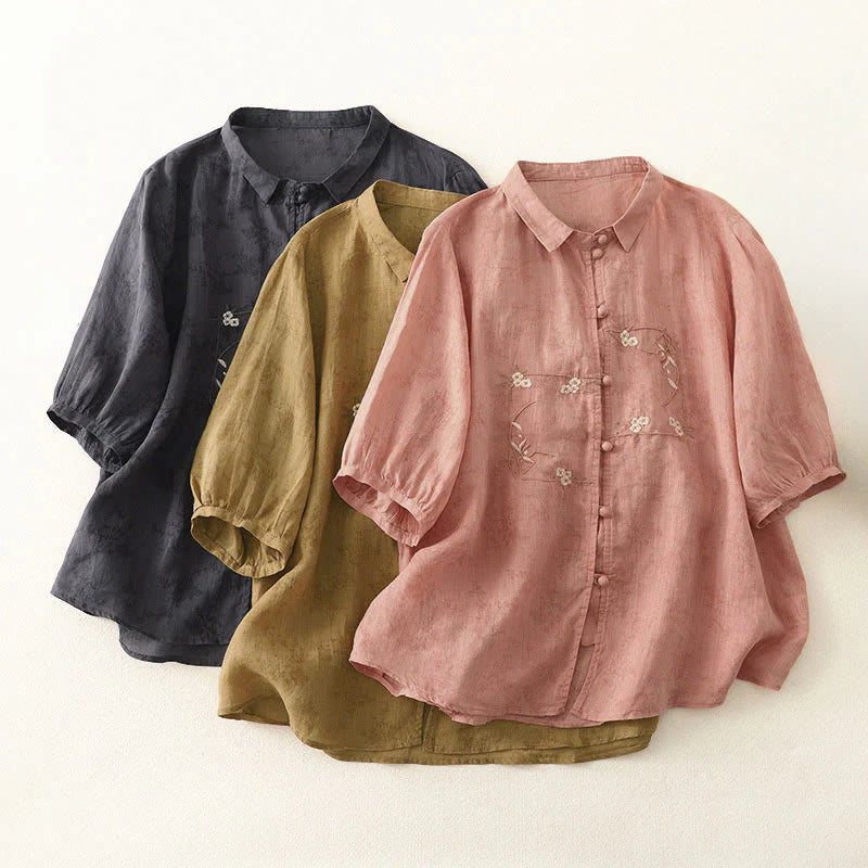 Buddha Stones Stand Collar Embroidery Button Design Three Quarter Sleeve Summer Women's Shirt