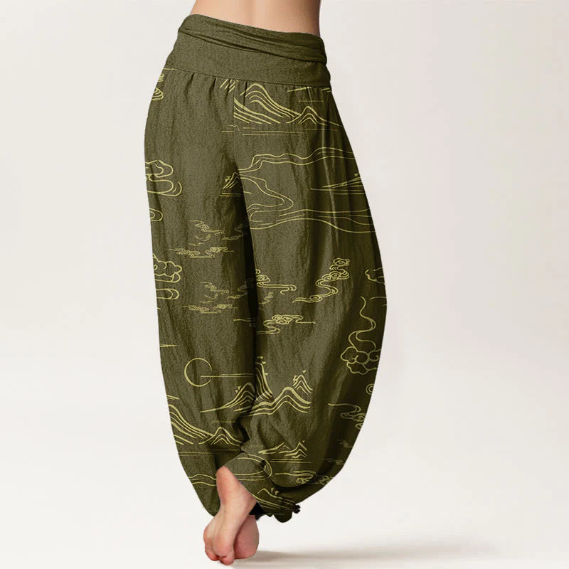 Buddha Stones Cotton Mountain Moon Auspicious Clouds Pattern Women's Elastic Waist Harem Pants