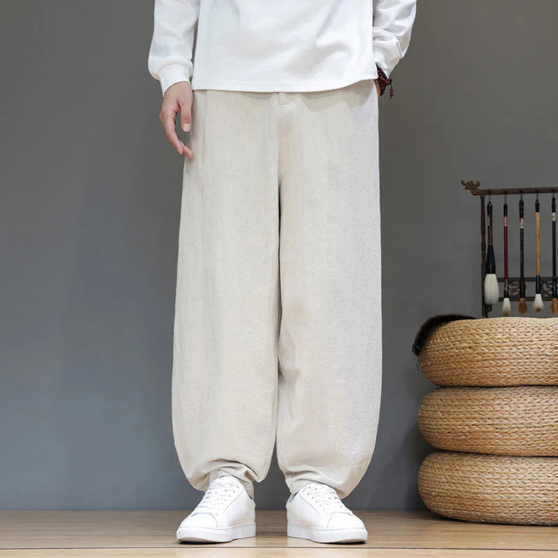 Buddha Stones Fall Sports Men's Pure Color Button Design Cotton Pants With Pockets