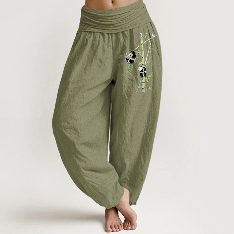 Buddha Stones Pure Cotton Simple Style Panda Bamboo Pattern Women's Elastic Waist Harem Pants