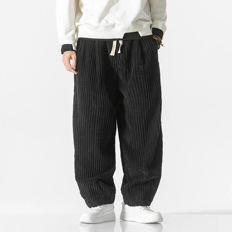 Buddha Stones Retro Winter Solid Color Men's Drawstring Corduroy Harem Pants With Pockets