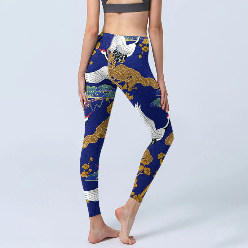 Buddha Stones Flying Red-Crowned Crane Pine Tree Flower Pattern Print Gym Leggings Women's Yoga Pants