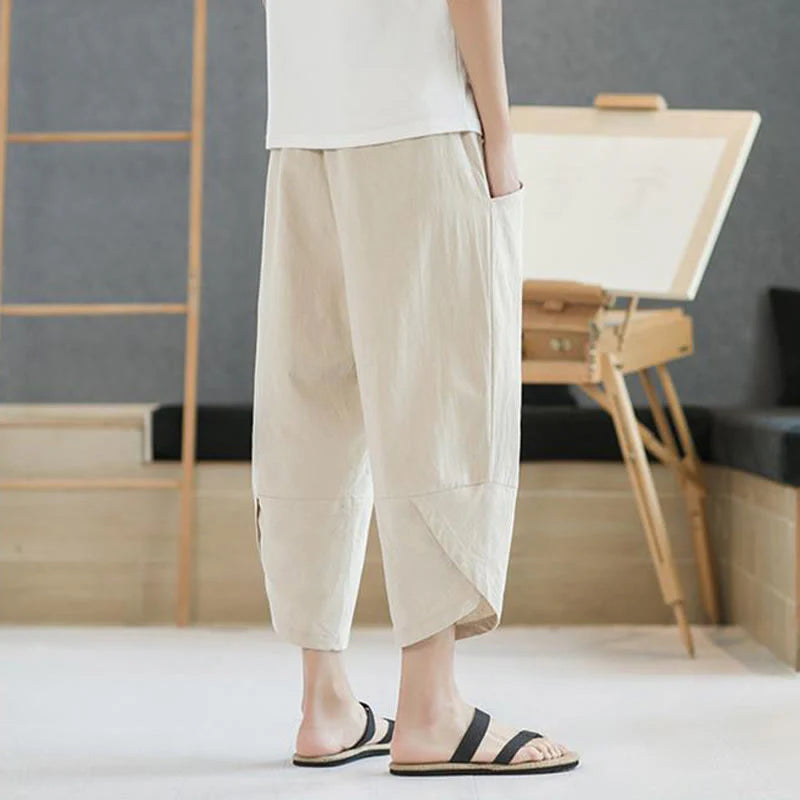 Buddha Stones Summer Men's Solid Color 7-8 Length Cotton Linen Drawstring Pants With Pockets