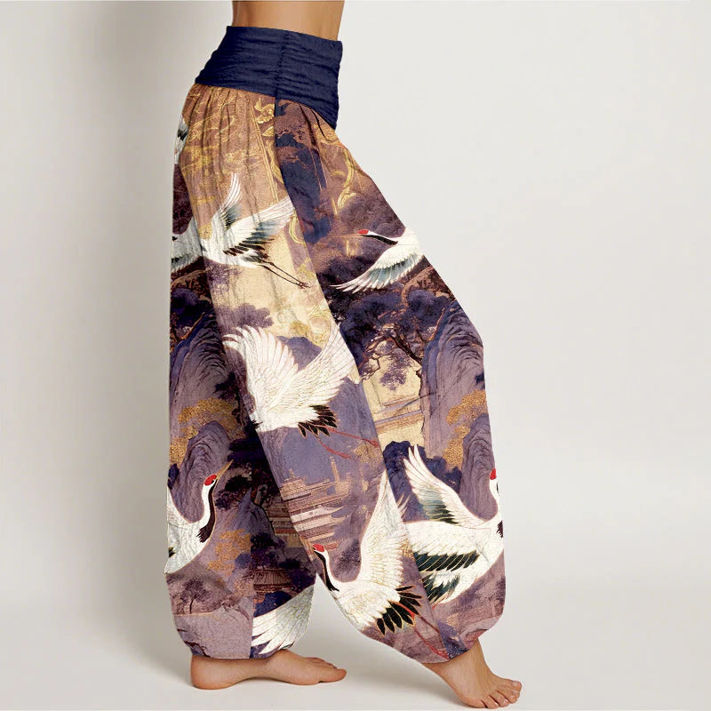 Buddha Stones Pure Cotton Gorgeous Crane Mountain Pine Tree Pattern Women's Elastic Waist Harem Pants