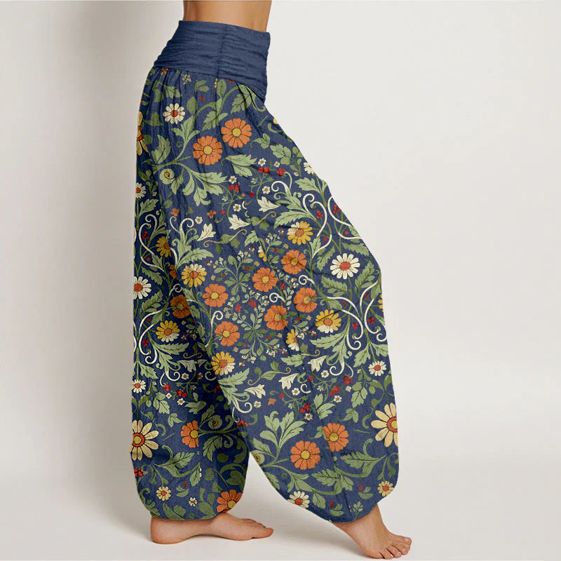 Buddha Stones Pure Cotton Colorful Flowers Vines Women's Elastic Waist Harem Pants