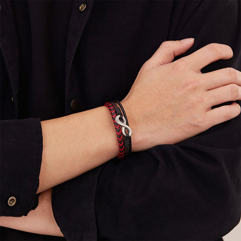 Buddha Stones Infinitely Design Titanium Steel Braided Three-layer Leather Balance Bracelet
