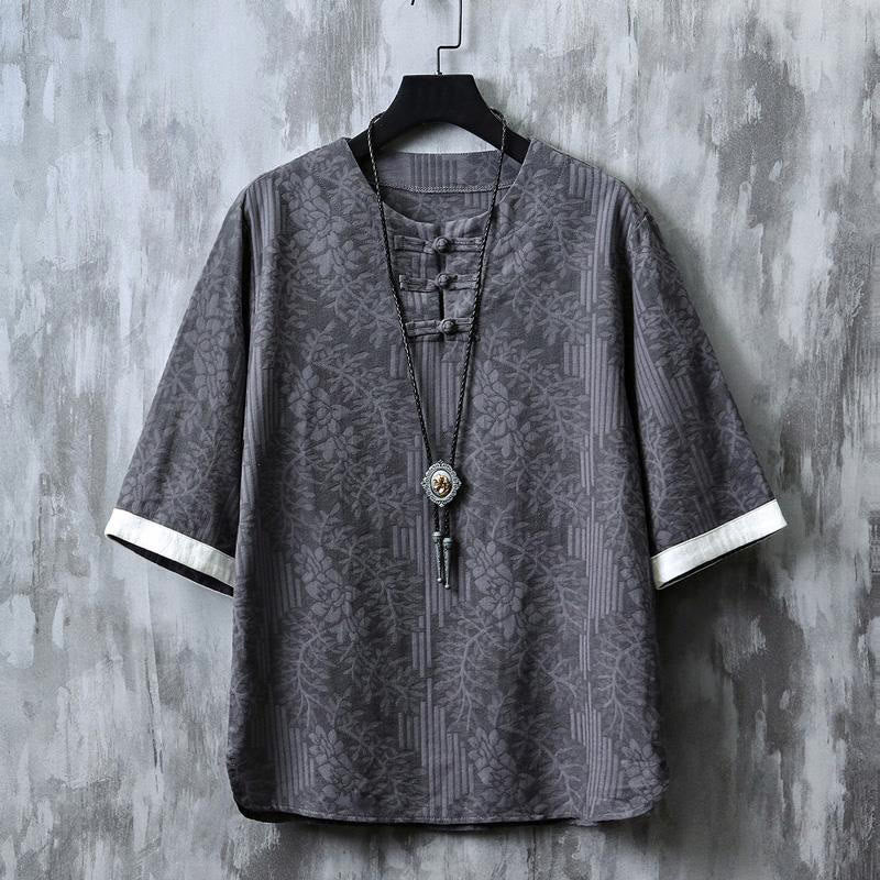 Buddha Stones Summer Floral Pattern Frog-Button Half Sleeve Cotton Men's Shirt