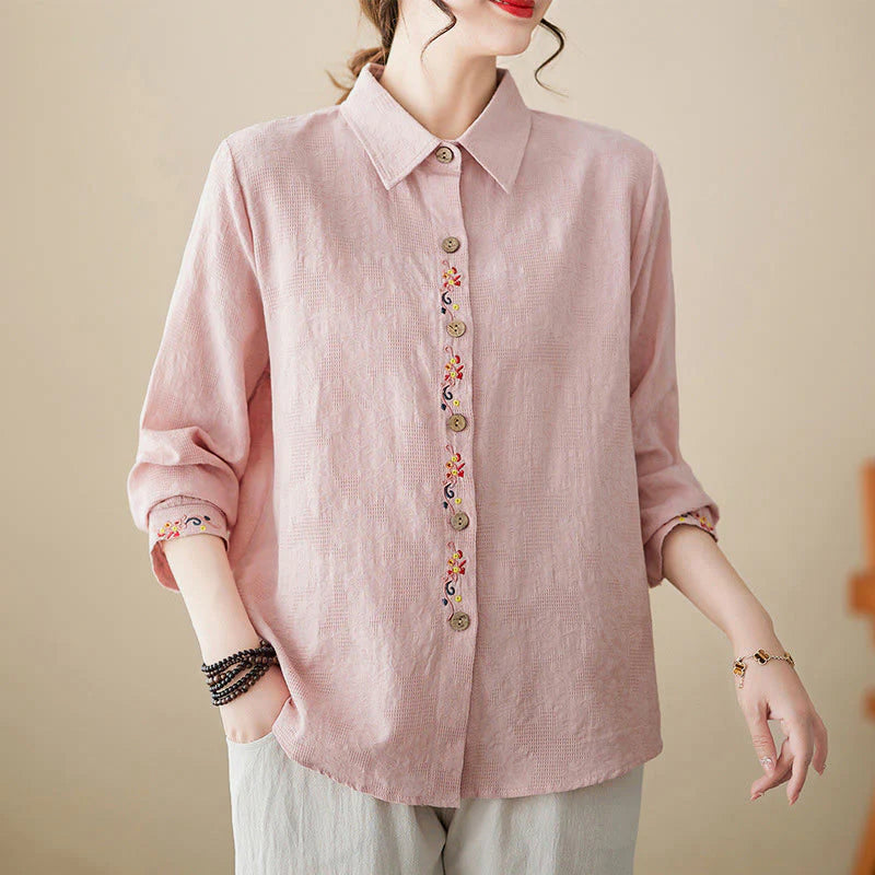 Buddha Stones Spring Plain Embroidered Flower Pattern Button Women's Long Sleeve Cotton Lapel Shirt
