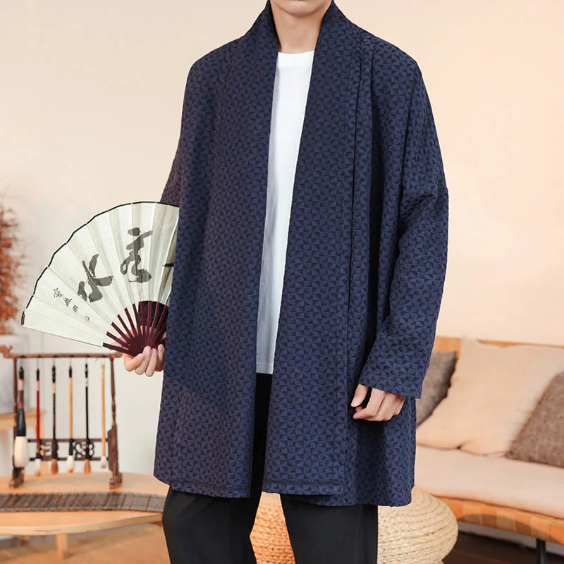 Buddha Stones Winter Jacquard Simple Design Men's Cotton Long Sleeve Kimono