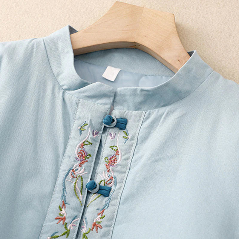 Buddha Stones Winter Flower Embroidery Frog-Button Long Sleeve Women's Thermal Jacket