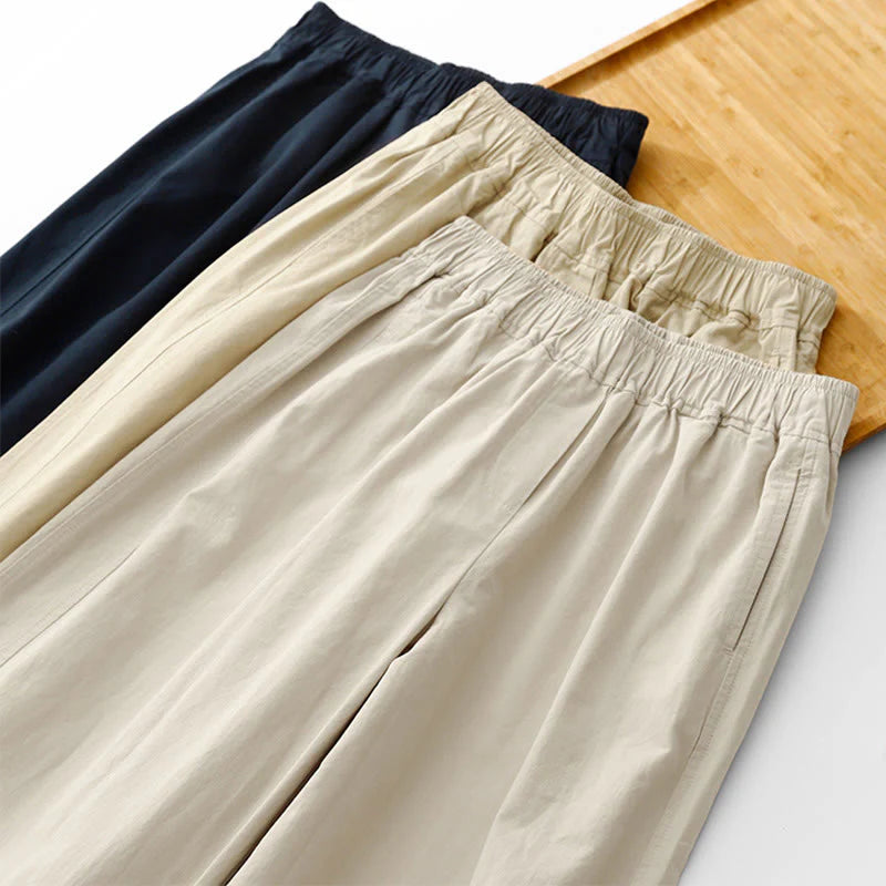 Buddha Stones Spring Commute Solid Color High Waist Women's Wide Leg Cotton Linen Pants With Pockets