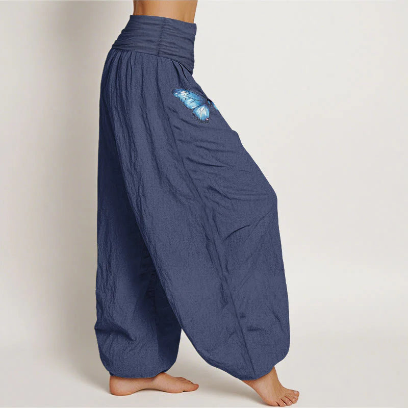 Buddha Stones Pure Cotton Dreamy Butterfly Lotus Pattern Women's Elastic Waist Harem Pants