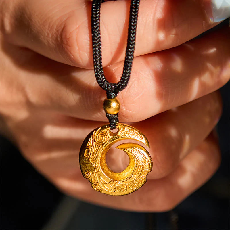 Buddha Stones 24k Gold Plated Brass Peace Buckle Black Rope Auspicious Necklace Pendant