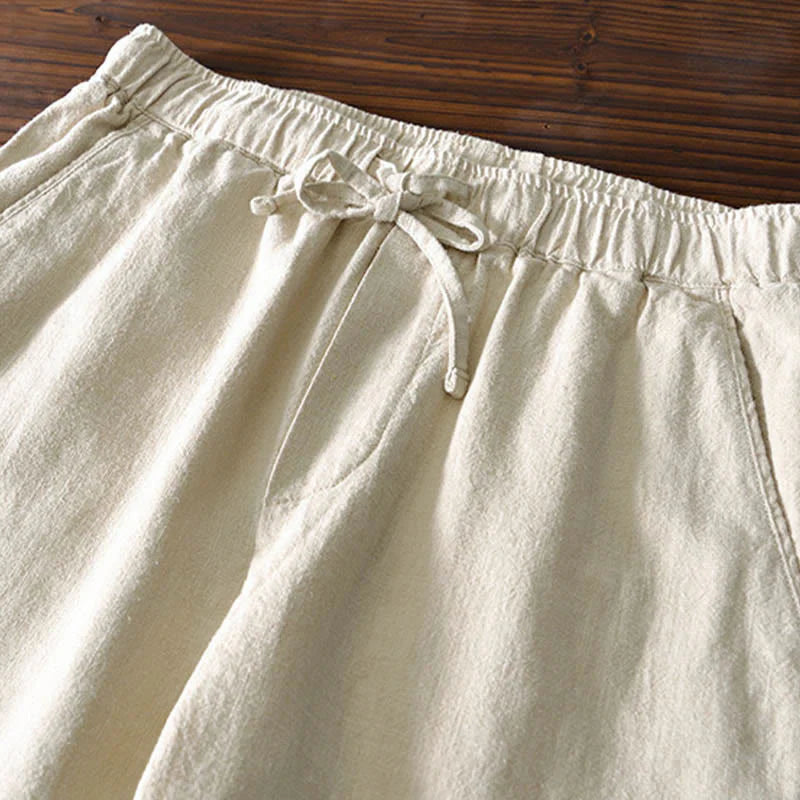 Buddha Stones Casual Solid Color Simple Design Drawstring Ramie Linen Men's Pants With Pockets