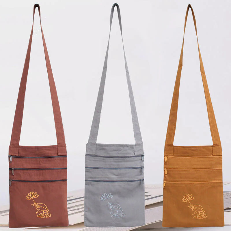 Buddha Stones Spiritual Mind Practice Lotus Embroidered Cotton Shoulder Bag Crossbody Bag