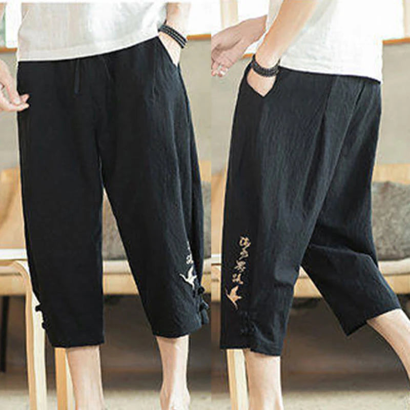 Buddha Stones Crane Embroidery Cotton Men's Cropped Harem Pants With Pockets