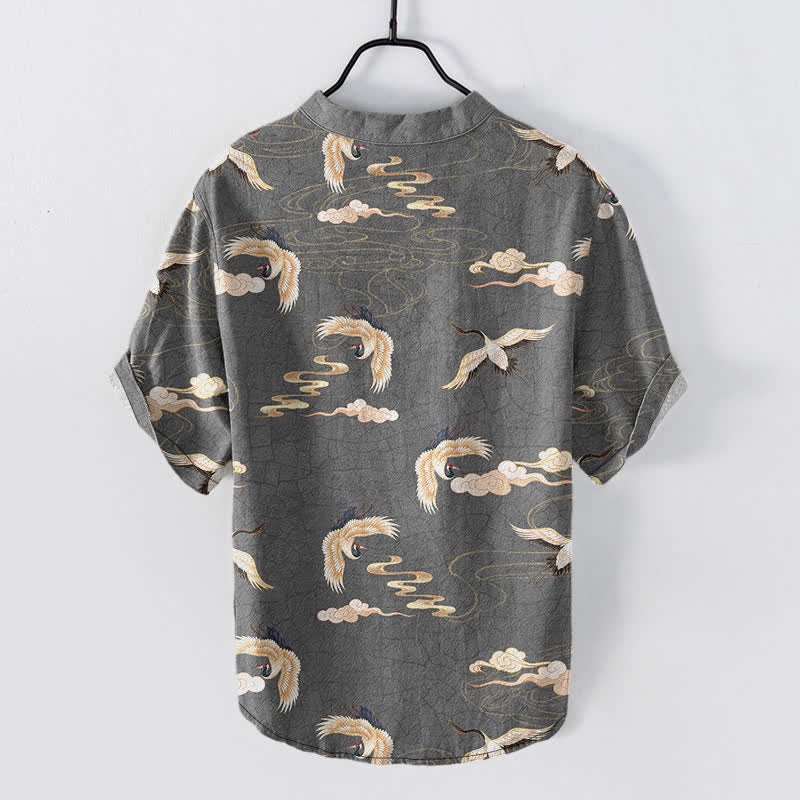 Buddha Stones Flying Birds Cloud Men's Short Sleeve Half Button Shirt