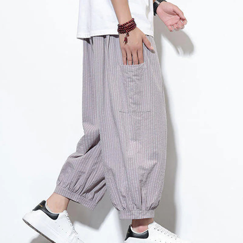 Buddha Stones Casual Striped Men's Cotton 7-8 Length Harem Pants With Pockets