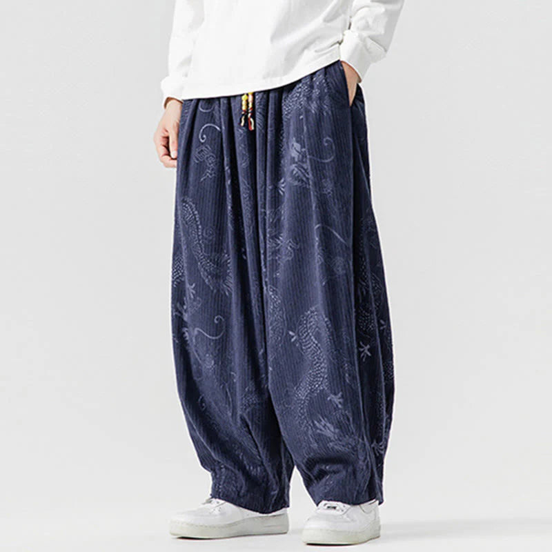 Buddha Stones Winter Dragon Phoenix Pattern Cotton Corduroy Men's Harem Pants With Pockets
