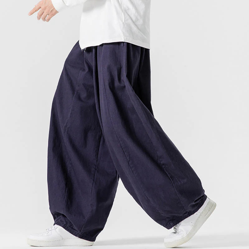 Buddha Stones Fall Solid Color Cotton Elastic Waist Men's Harem Pants With Pockets