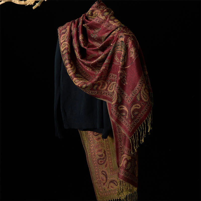 Buddha Stones Spring Maroon Cashew Flower Floral Leaf Pattern Tassel Soft Scarf Shawl