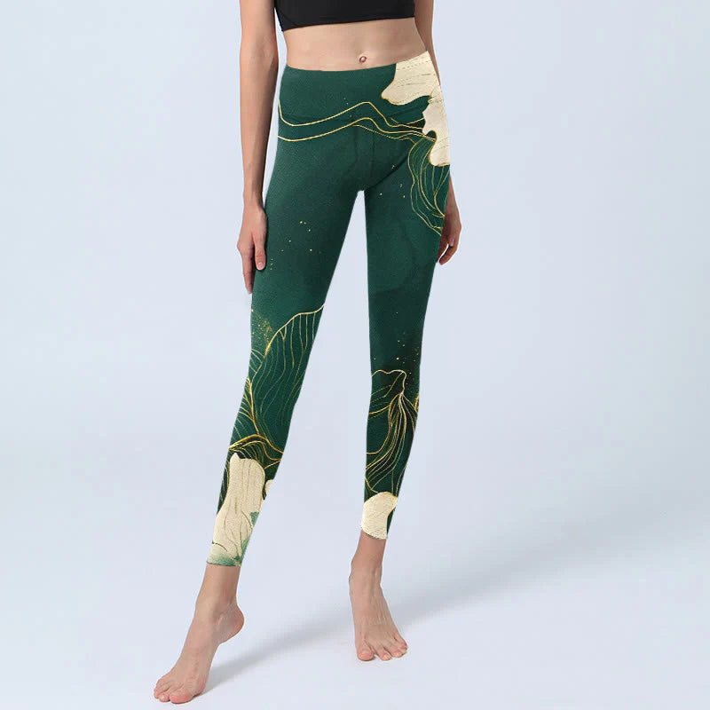 Buddha Stones Elegant Flowers Pattern Print Gym Leggings Women's Yoga Pants