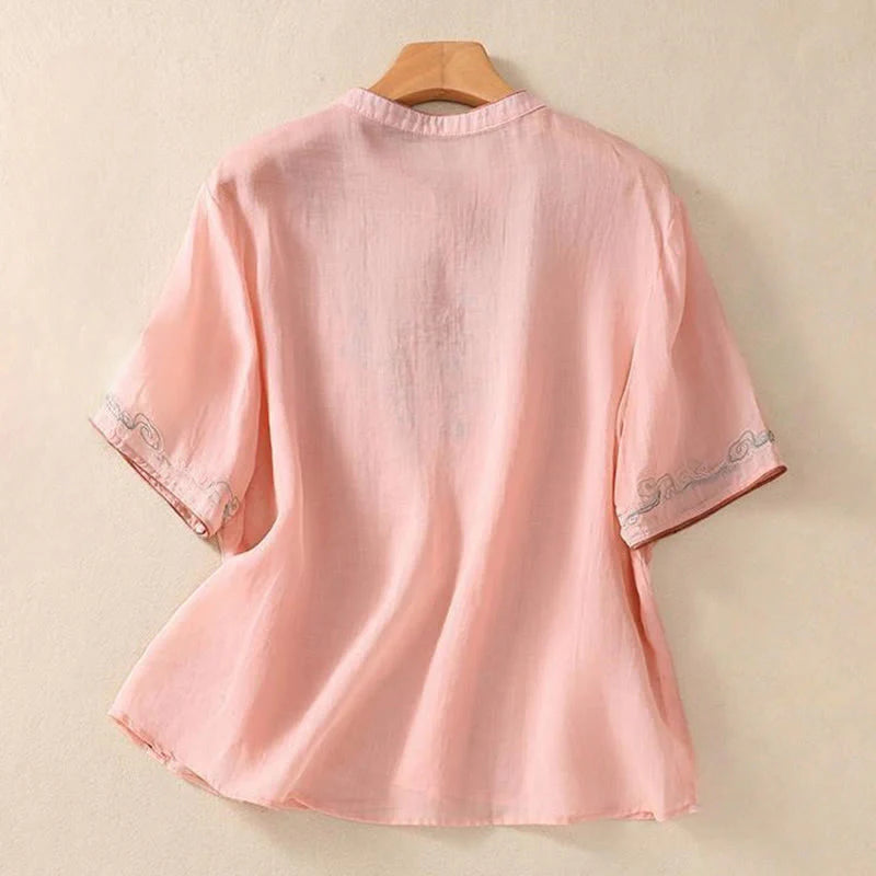 Buddha Stones Casual Retro Embroidery Frog-Button Design Women's Cotton Linen Half Sleeve Shirt