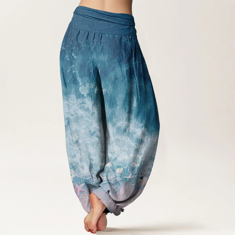 Buddha Stones Pure Cotton Vast Ocean Pattern Women's Elastic Waist Harem Pants