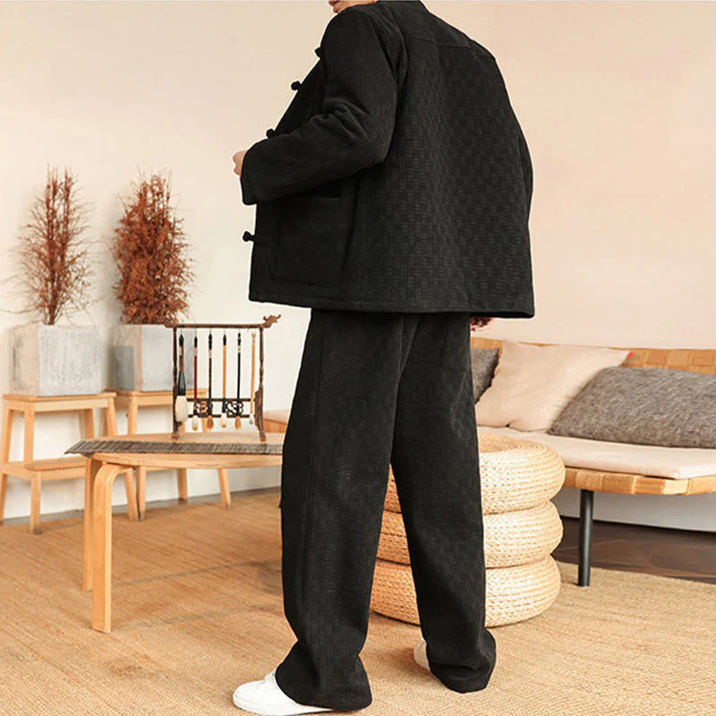 Buddha Stones 2Pcs Winter Solid Men's Tang Suit Frog-Button Cotton Long Sleeve Jacket Pants Set With Pockets