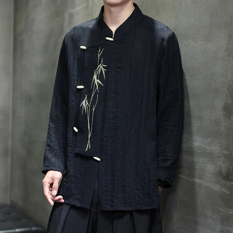 Buddha Stones Fall Solid Color Bamboo Leaf Embroidery Men's Long Sleeve Cotton Linen Shirt