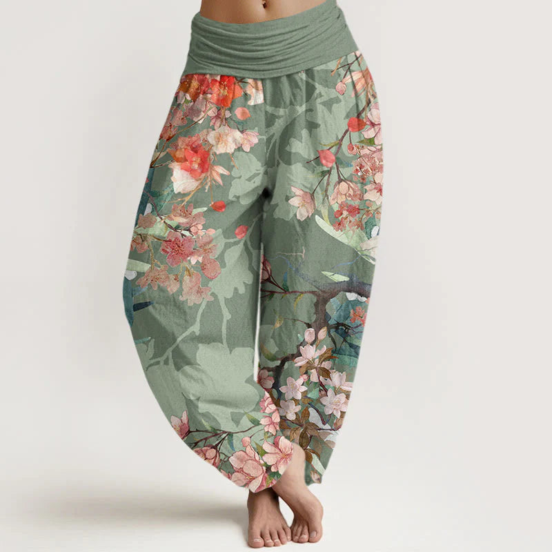 Buddha Stones Cotton Red Pink Blooming Flowers Lush Branches Women's Elastic Waist Harem Pants