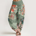 Buddha Stones Cotton Red Pink Blooming Flowers Lush Branches Women's Elastic Waist Harem Pants
