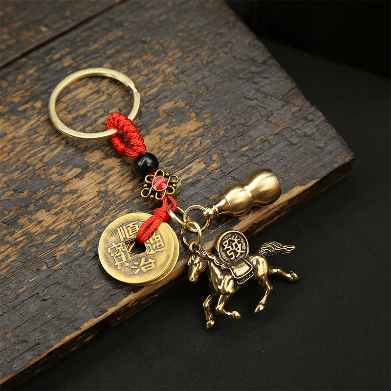 Buddha Stones Year Of The Horse Copper Brass Five-Emperor Coins Wealth Key Chain