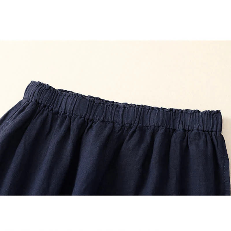 Buddha Stones Spring Elastic Waist Lace Pleated Hem Cotton Women's Pants With Pockets
