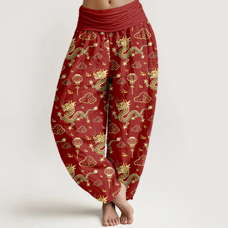Buddha Stones Print Dragon Auspicious Cloud Lantern Pattern Women's Elastic Waist Harem Cotton Pants