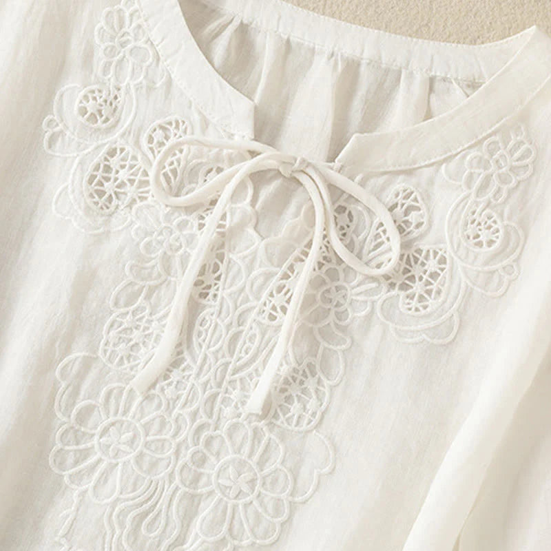 Buddha Stones Summer Embroidery Flower Lace-up Design Notched Collar Women's Short Sleeve Shirt